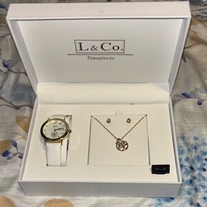 Gold and White Women's Watch and Necklace Set